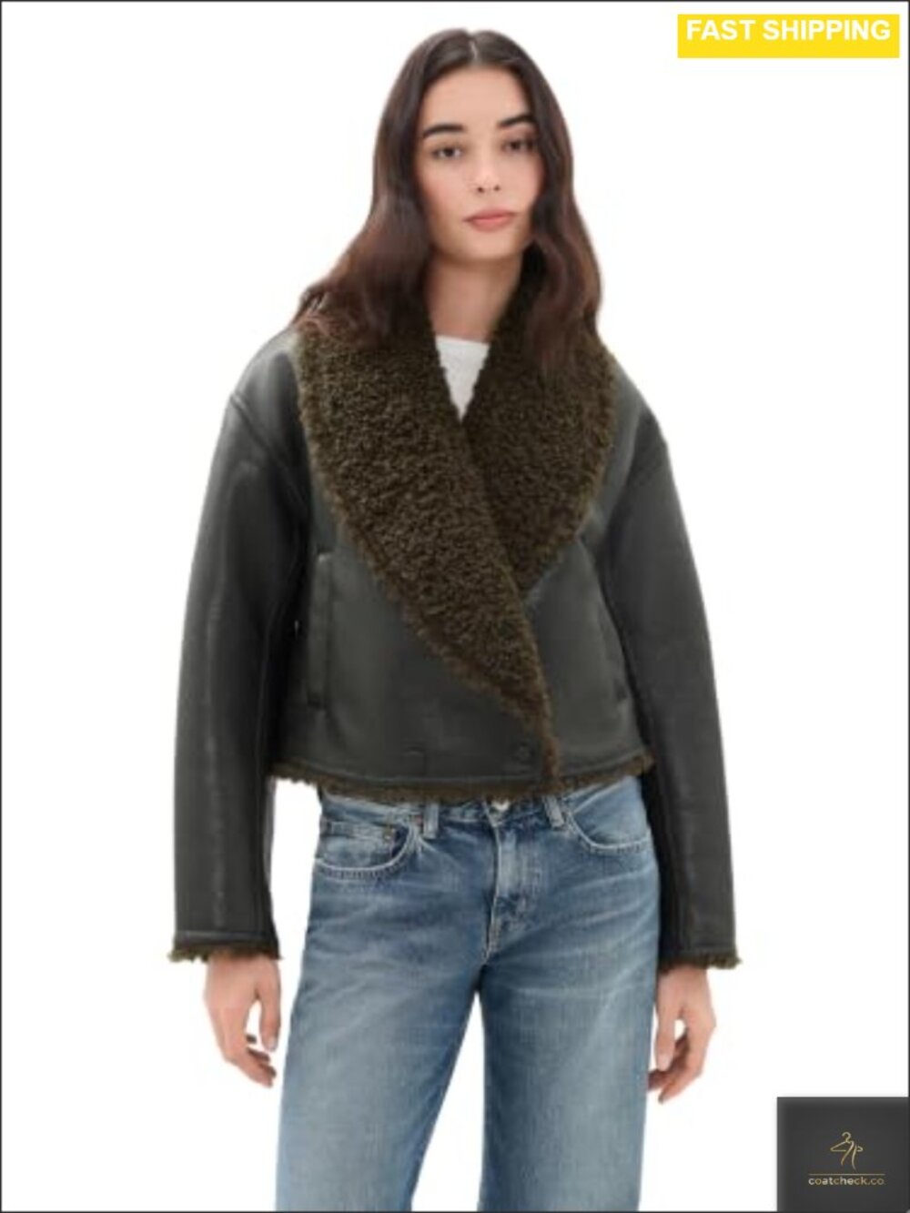Faux Leather Moto Jacket with Faux Fur Collar and Lining